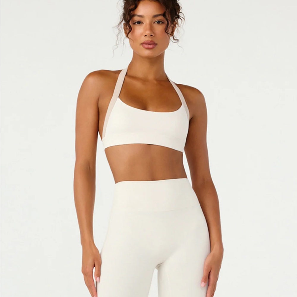 Neutral Cream Halter-Back Sports Bra